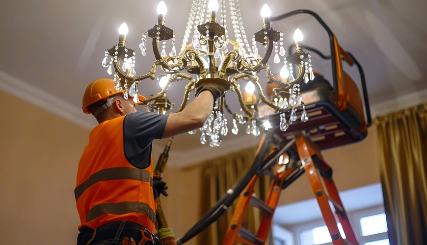 Professional chandelier cleaning in a commercial space