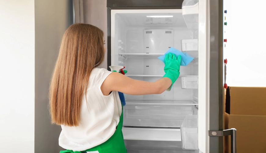 Refrigerator cleaning by Bluenose Cleaning in a commercial kitchen