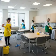 Staff room with clean tables, chairs, and appliances