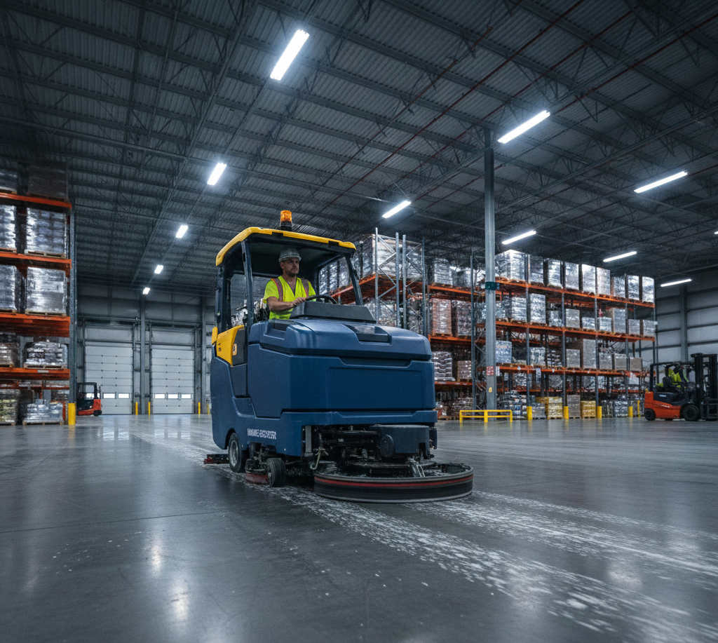 Bluenose Commercial Cleaning performing Halifax & Dartmouth Industrial Warehouse Floor Cleaning using advanced machinery.