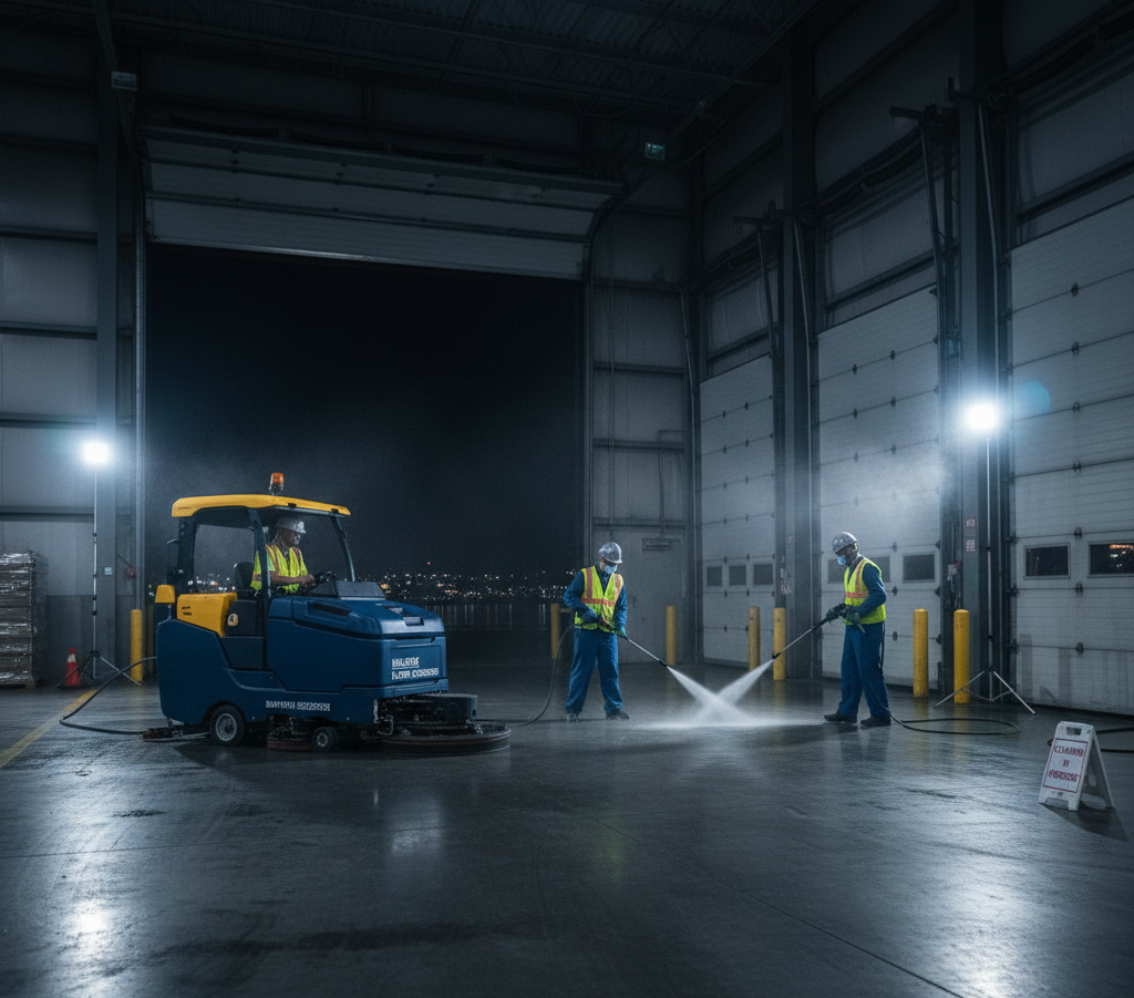 Professional deep cleaning of a Dartmouth warehouse loading dock by Bluenose Commercial Cleaning.