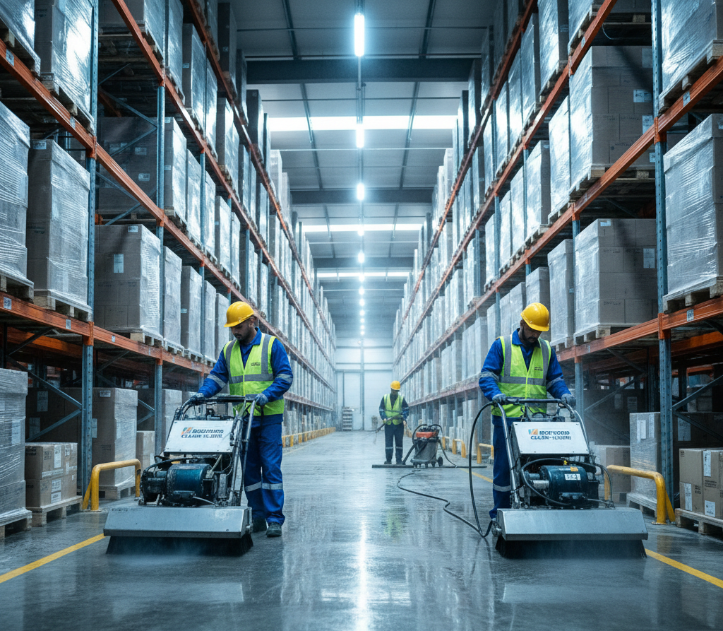 A pristine, professionally cleaned warehouse floor in Bedford, Nova Scotia, highlighting the results of Halifax & Dartmouth Industrial Warehouse Floor Cleaning.