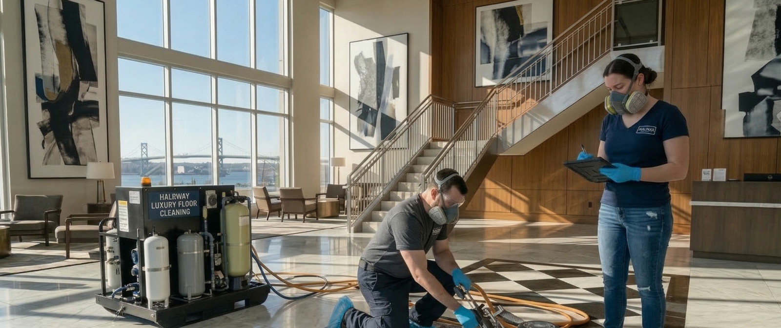 Professional Commercial Property Management Cleaning Services for High-Rise Buildings in Halifax by Bluenose Commercial Cleaning in a modern lobby.