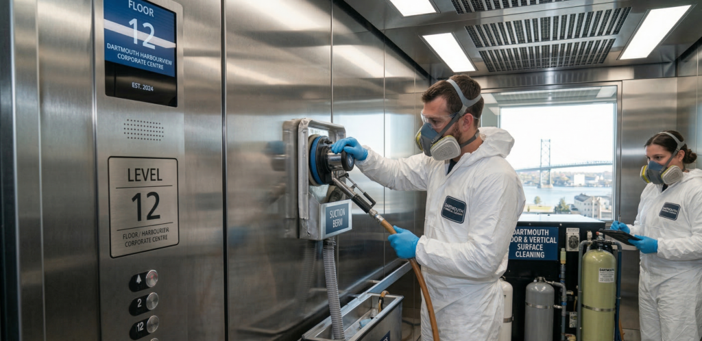 Sanitizing high-touch elevator surfaces as part of Commercial Property Management Cleaning Services for High-Rise Buildings in Halifax.