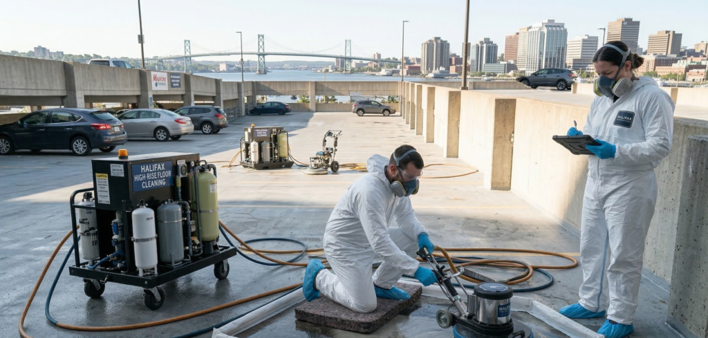 Industrial-strength floor care for a high-rise parking garage in Halifax by Bluenose Commercial Cleaning.