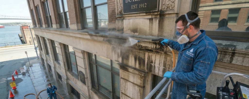 Bluenose Commercial Cleaning providing Commercial Exterior Pressure Washing Services in Halifax & Dartmouth for a modern office building.