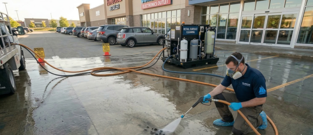Professional cleaning of a retail parking lot in Dartmouth using Commercial Exterior Pressure Washing Services in Halifax & Dartmouth.