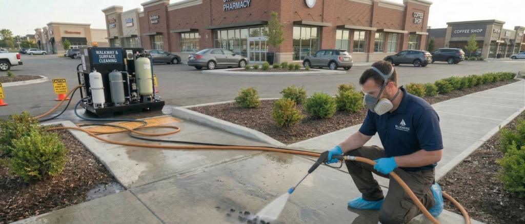 Deep cleaning of concrete walkways in Bedford using professional Commercial Exterior Pressure Washing Services in Halifax & Dartmouth.