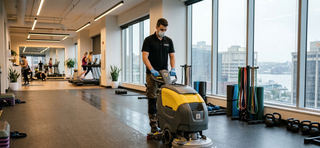 Industrial floor care as part of a comprehensive Commercial Gym & Fitness Center Cleaning and Sanitization Services package in Halifax.