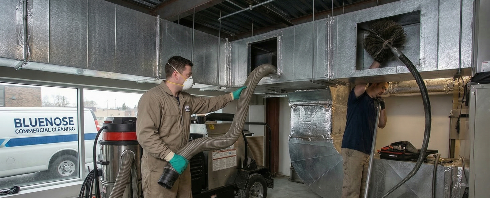Bluenose Commercial Cleaning technicians performing Commercial HVAC Duct Cleaning Services in Halifax in a corporate office.