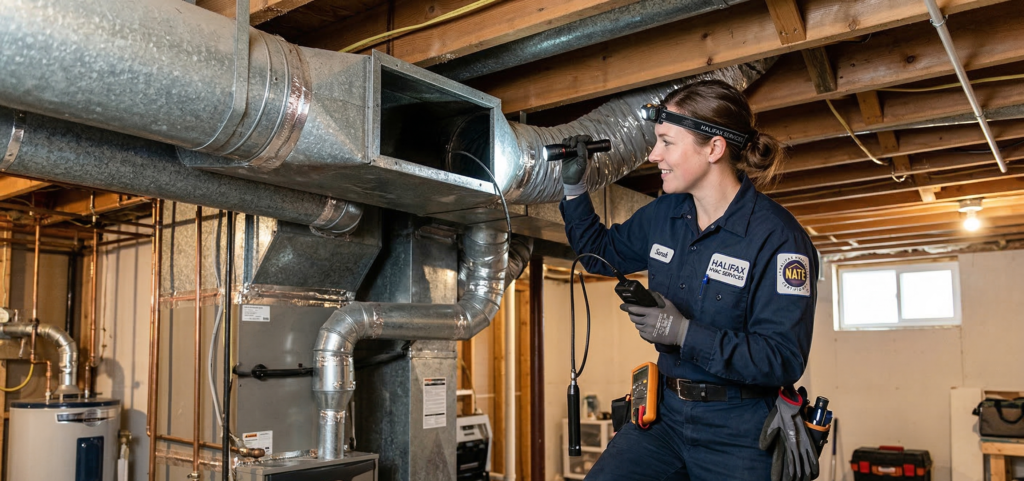 A detailed inspection as part of the Commercial HVAC Duct Cleaning Services in Halifax provided by Bluenose Commercial Cleaning.