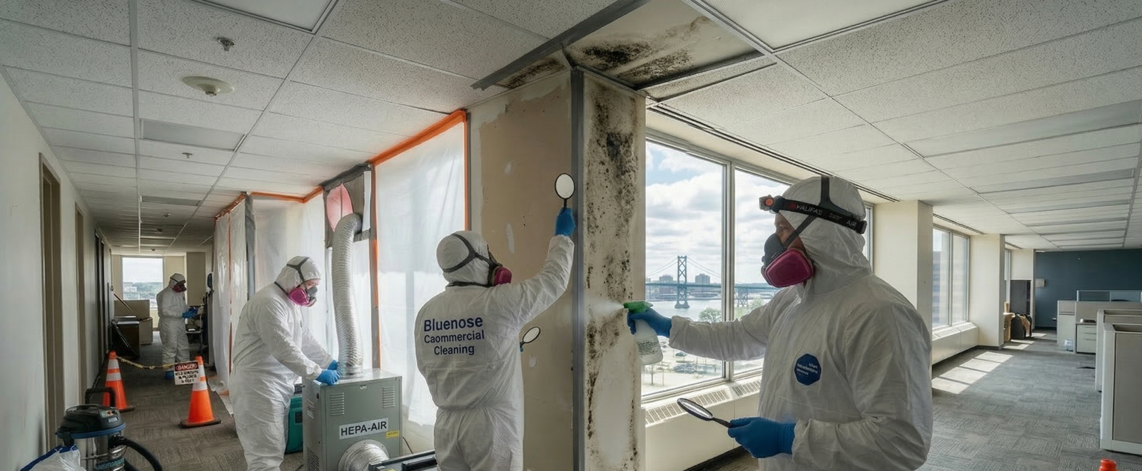 Bluenose Commercial Cleaning technicians performing Commercial Mold Prevention & Remediation Services in Halifax using specialized safety gear.