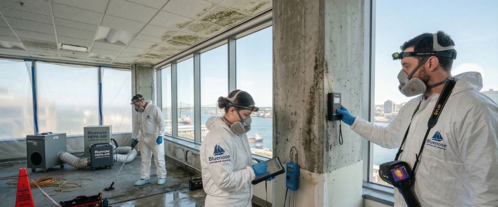 Advanced moisture detection used during Commercial Mold Prevention & Remediation Services in Halifax by Bluenose Commercial Cleaning.