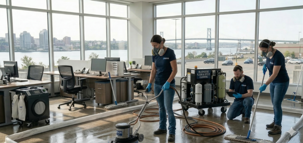 Professional interior sanitization as part of Seasonal Commercial Deep Cleaning & Parking Lot Cleaning Services in a Dartmouth office.
