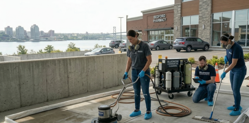 Pristine walkways and parking areas in Bedford following Seasonal Commercial Deep Cleaning & Parking Lot Cleaning Services.