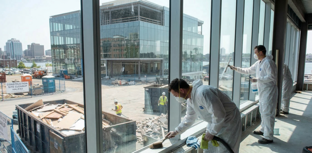 Professional window and surface cleaning as part of Commercial Post-Construction Cleaning Services in Dartmouth.