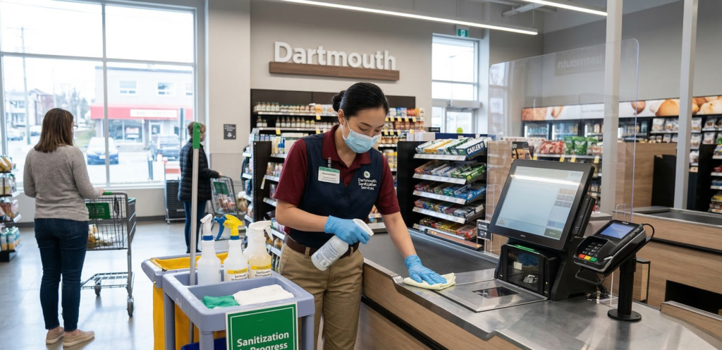 Professional workplace sanitization as part of Commercial Retail Store Cleaning Services in Halifax for a busy checkout area.